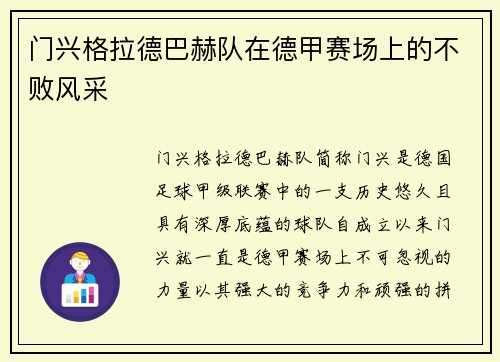 门兴格拉德巴赫队在德甲赛场上的不败风采